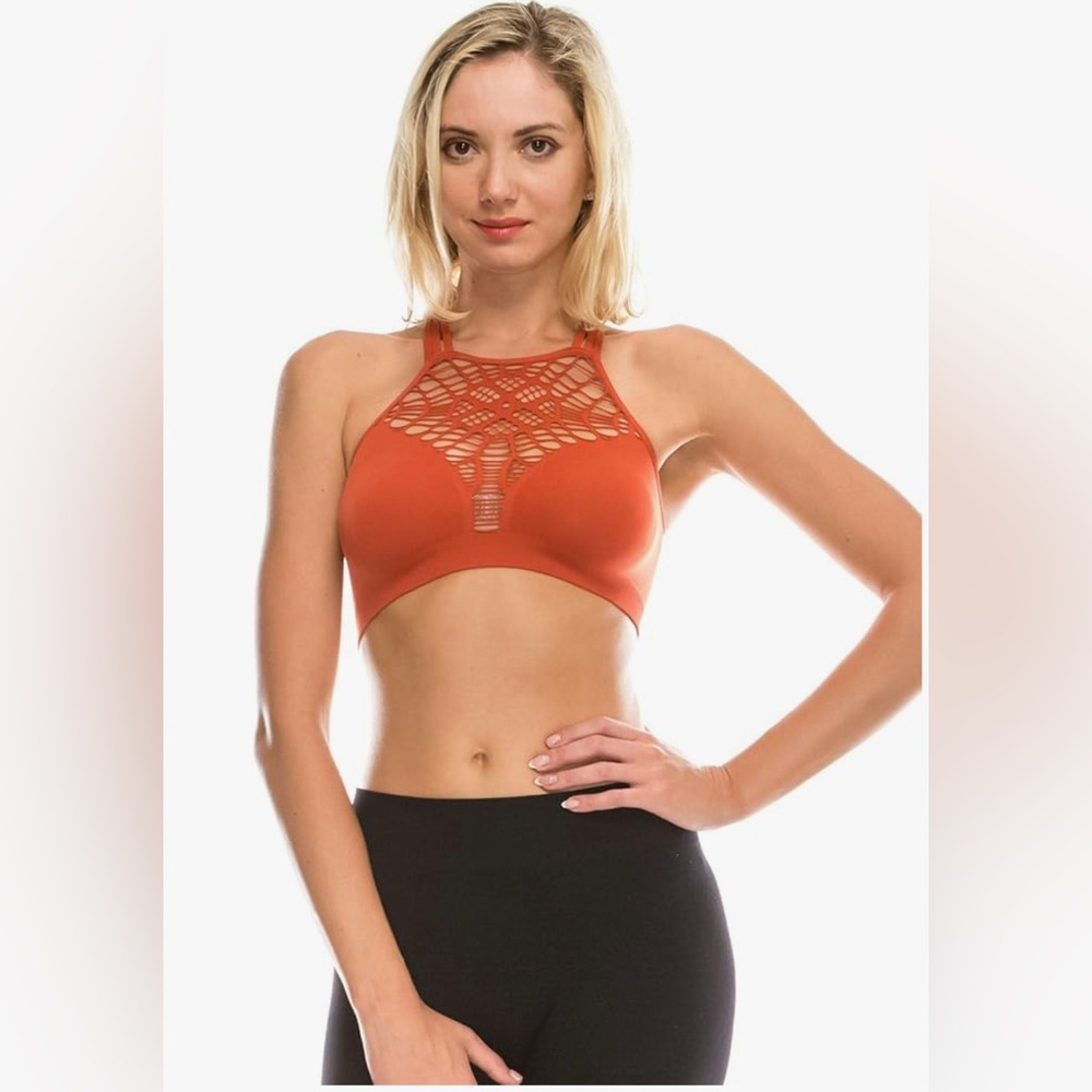 Women's Zenana Size L/XL Orange Lace Halter Bralette with built in cups support